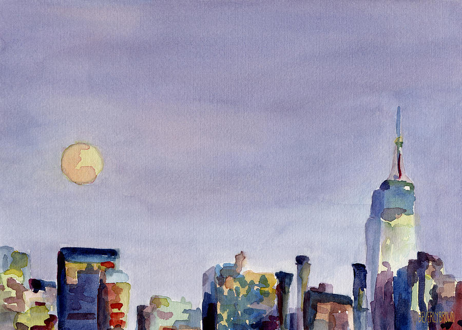 900x643 Full Moon And Empire State Building Watercolor Painting Of Nyc - Nyc Watercolor