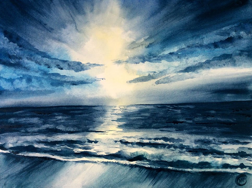 967x723 Watercolor Ocean Waves Simple Painting Demonstration - Ocean Watercolor