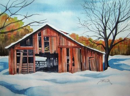 448x331 Watercolor In The Village Falling Down In The Early Snow - Old Barn Watercolor Paintings