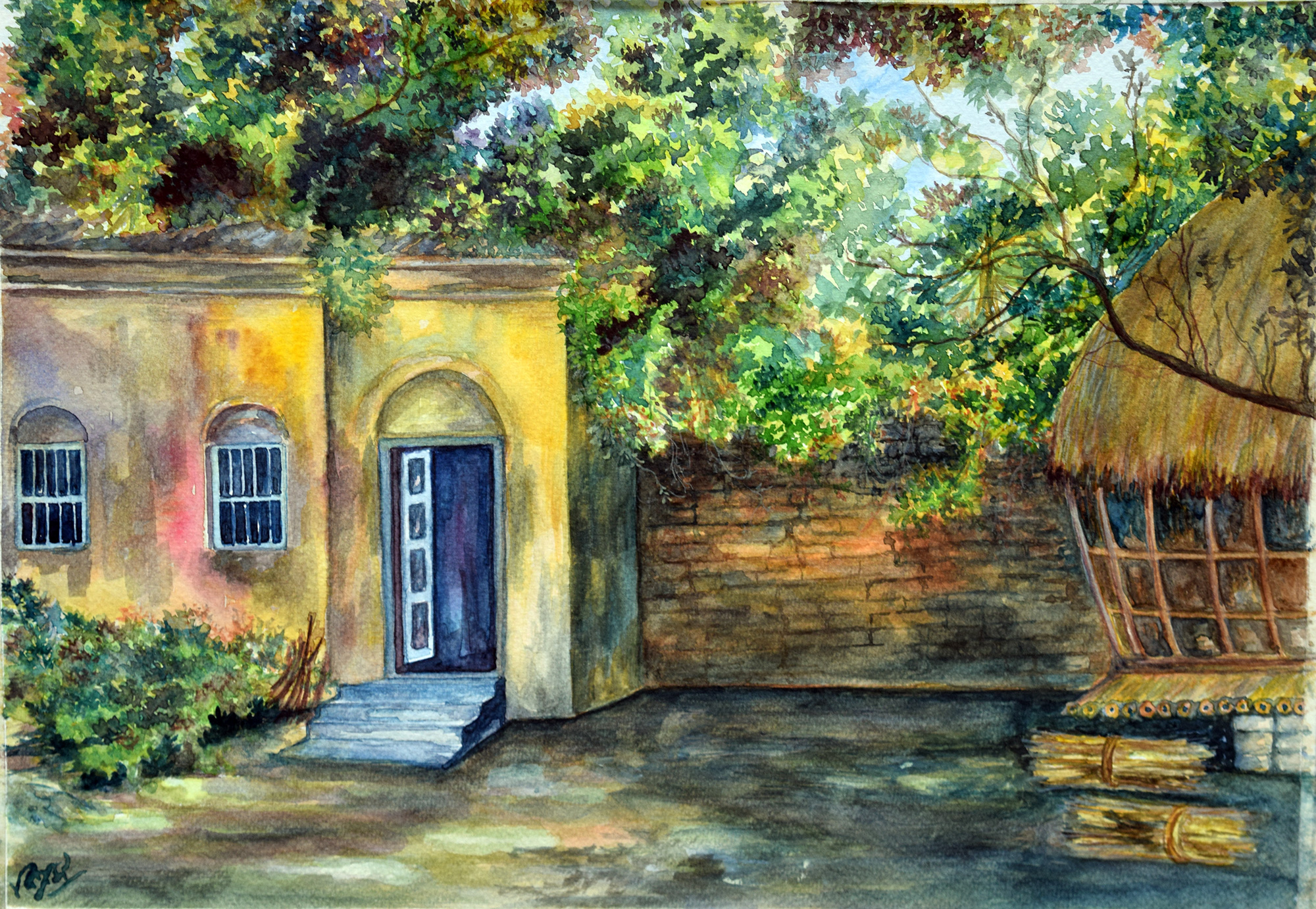 2000x1382 The Old Village House Water Color Painting, Watercolor Paintings - Old House Watercolor