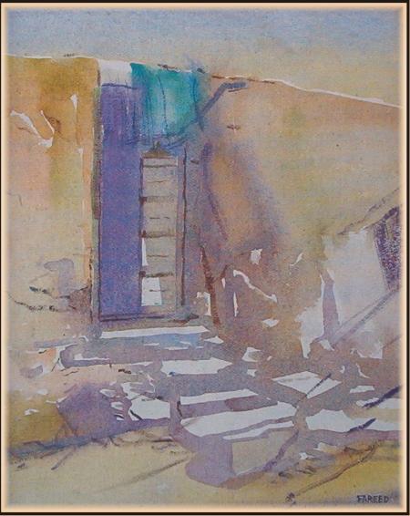 450x566 Old Door By Artist Fareed Ahmed Cityscape Art Watercolor Paintings - Old Watercolor