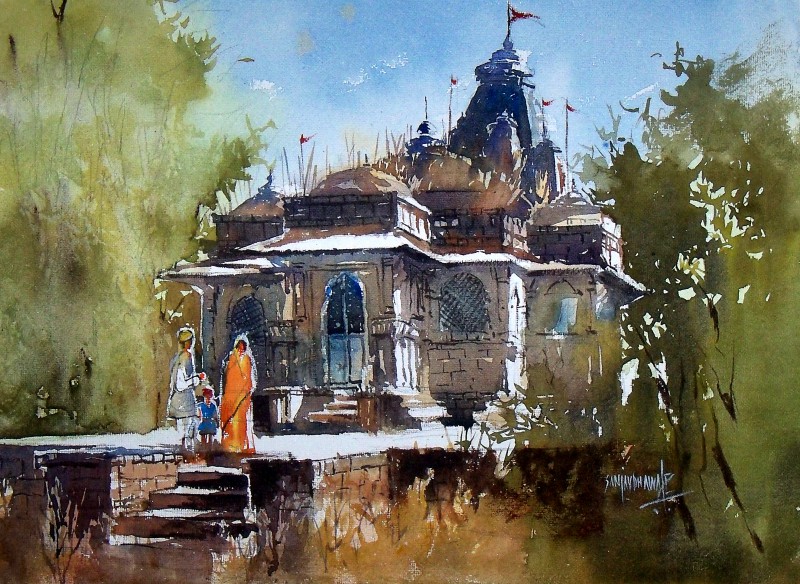 800x584 Old Temple By Artist Sanjay Dhawale Cityscape Art Watercolor - Old Watercolor
