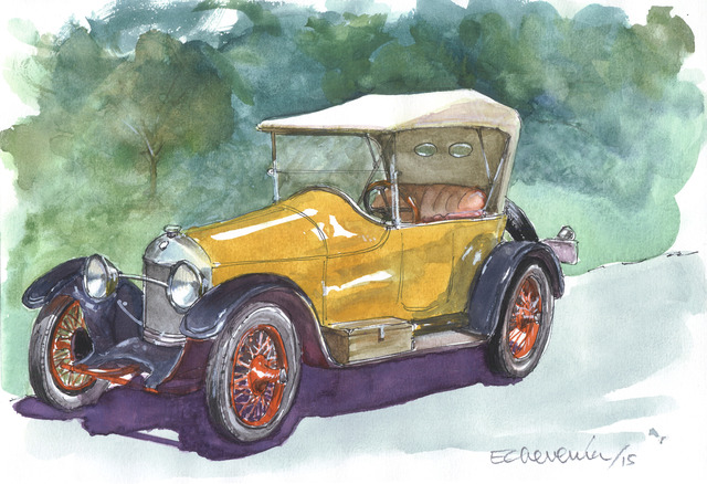 640x438 Roberto Echeverria Artwork Yelow Old Car Original Watercolor - Old Watercolor
