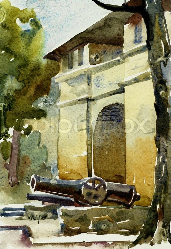 549x800 Watercolor Of Old Sandstone Building - Old Watercolor