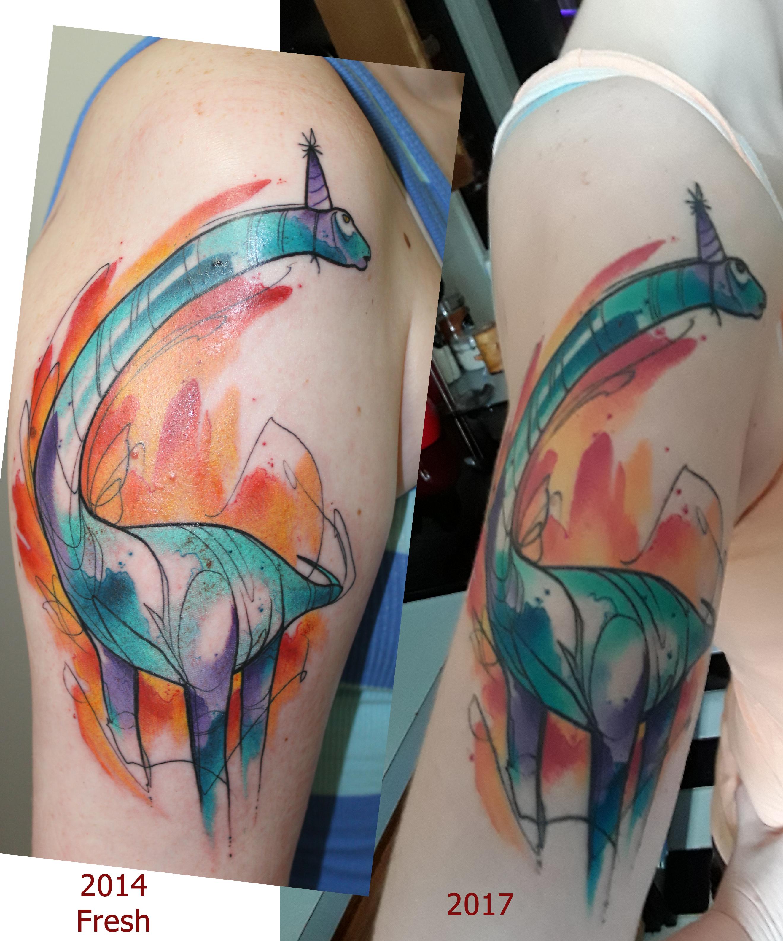 2640x3172 Watercolor Dinosaur Tattoo, Fresh Vs. 3 Years Later Agedtattoos - Old Watercolor Tattoo