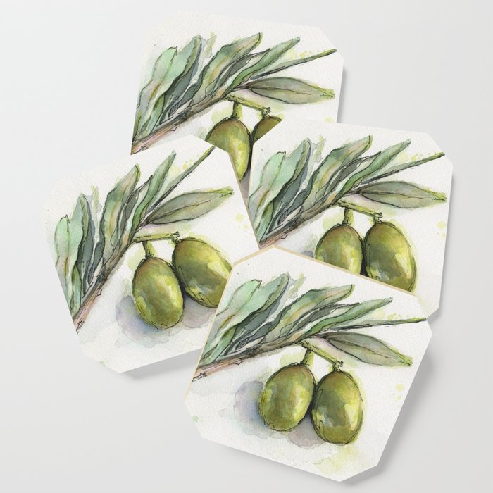 700x700 Olive Branch Green Olives Watercolor Illustration Coaster By - Olive Branch Watercolor