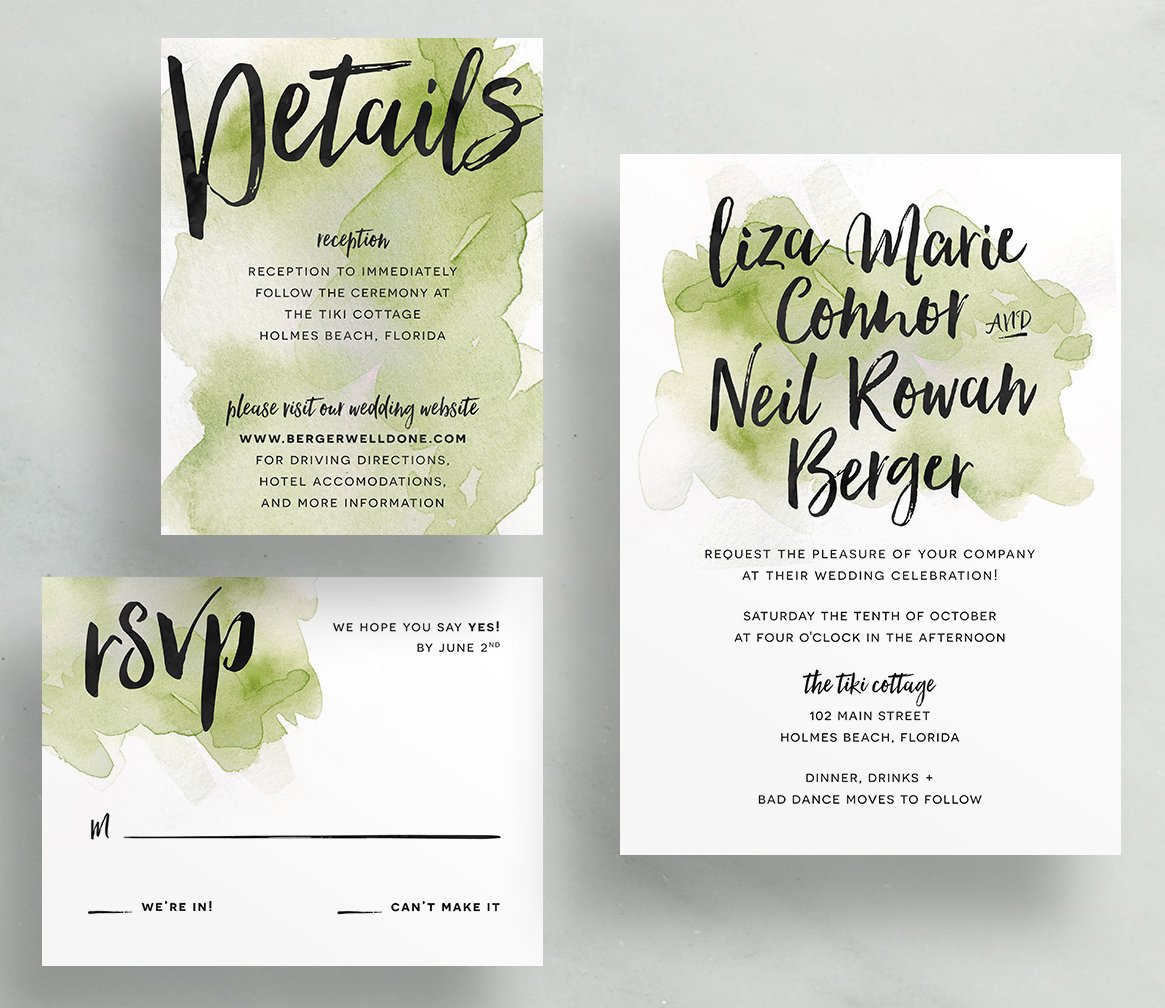 1165x1008 Watercolor Splash Wedding Invites Olive Green - Olive Green Watercolor
