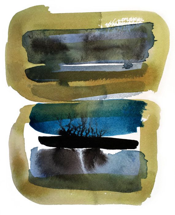 570x703 Abstract Watercolor Painting In Olive Green, Indigo Blue And Black - Olive Green Watercolor