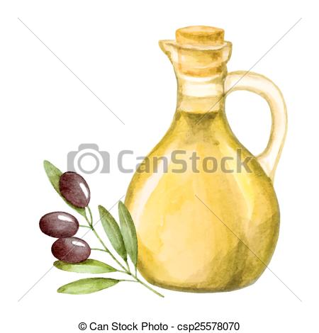 450x470 Olive Oil In The Bottle And A Branch Of Olive, Watercolor. Vector - Olive Watercolor