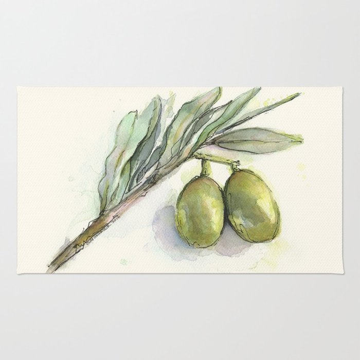 700x700 Olive Branch Green Olives Watercolor Illustration Rug By - Olive Watercolor