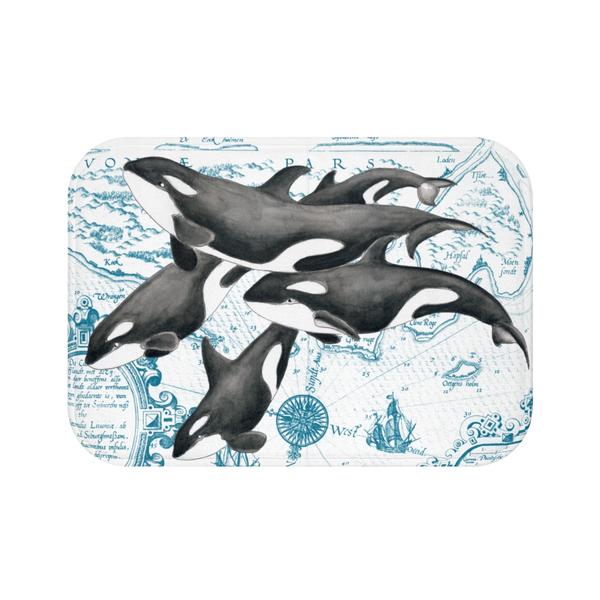 600x600 Orca Killer Whale Pod Vintage Map Chic Watercolor Bath Mat Seven - Orca Watercolor