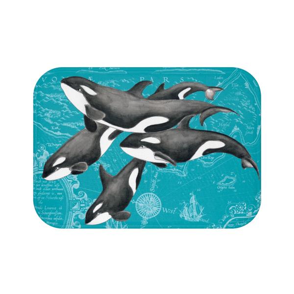 600x600 Orca Killer Whale Pod Vintage Map Teal Chic Watercolor Bath Mat - Orca Watercolor