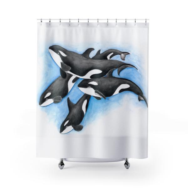 600x600 Orca Whales Pod Watercolor Art Shower Curtains Seven Sirens Studios - Orca Whale Watercolor