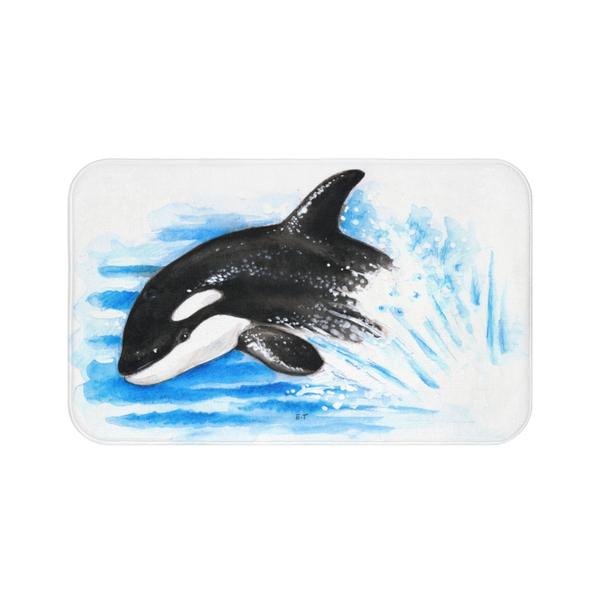 600x600 Playful Baby Orca Whale Watercolor Art Bath Mat Seven Sirens Studios - Orca Whale Watercolor