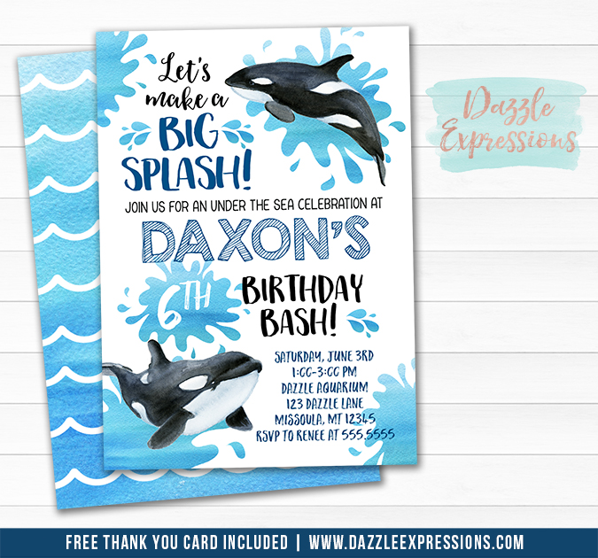 675x630 Printable Orca Whale Watercolor Birthday Invitation - Orca Whale Watercolor