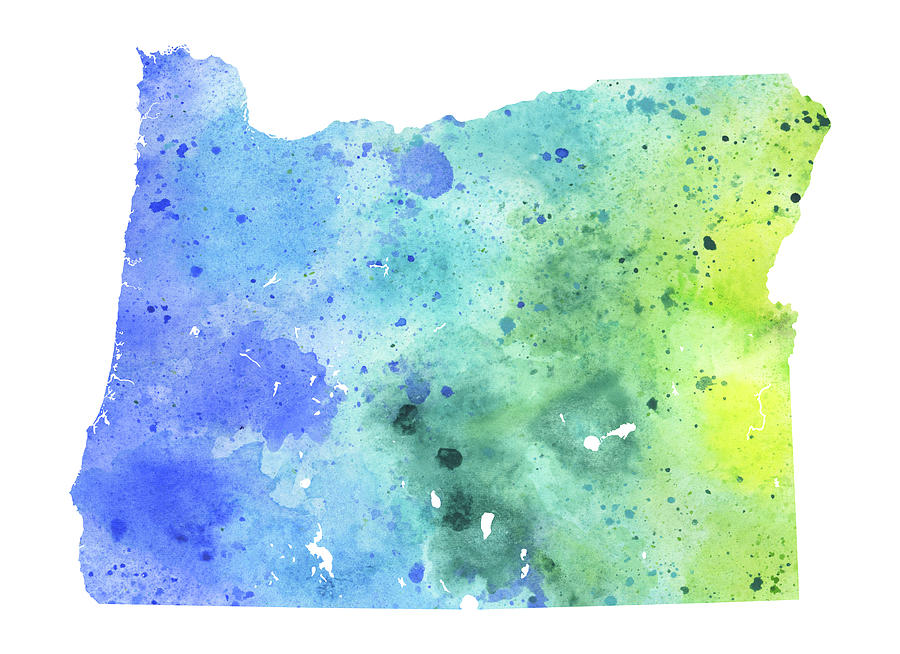 900x654 Watercolor Map Of Oregon, In Blue And Green Painting By Andrea Hill - Oregon Watercolor