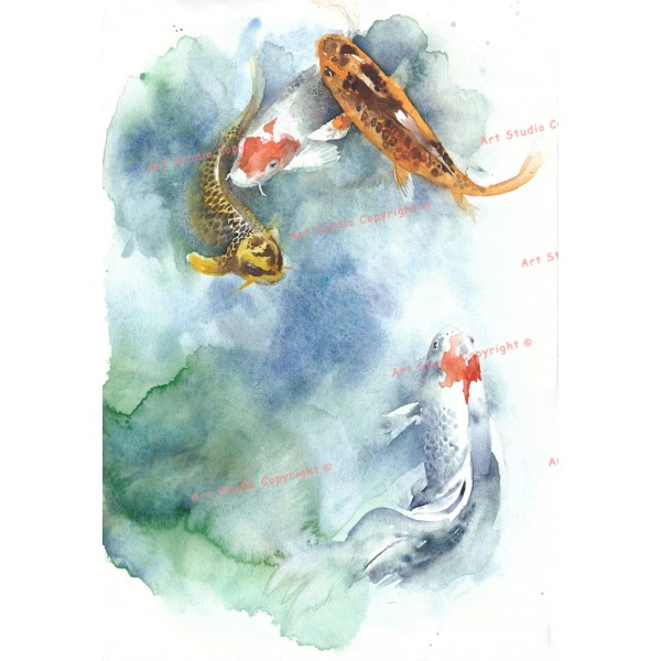 600x600 Koi Fish In A Pond Oriental Watercolor Style Art - Oriental Watercolor