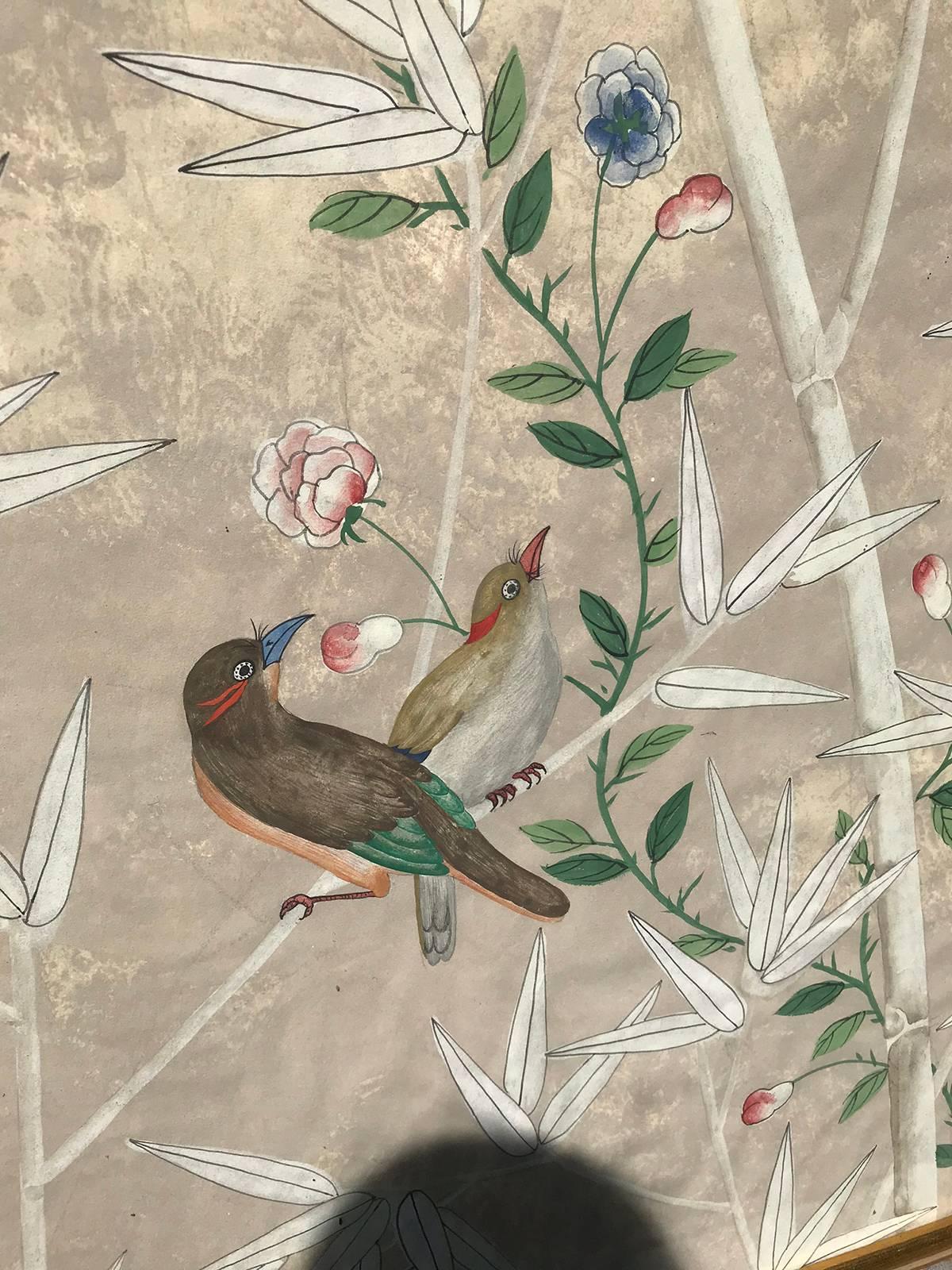 1200x1600 20th Century Oriental Watercolor Panel With Gilt Faux Bamboo Frame - Oriental Watercolor