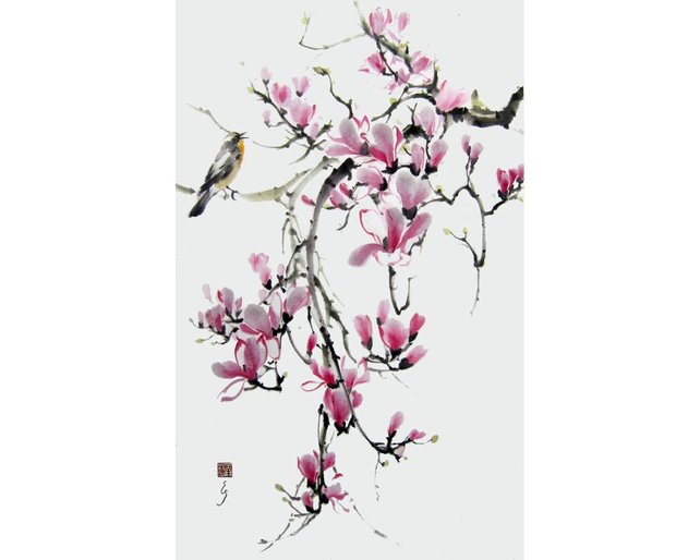642x514 Asian Watercolor Painting Ink Painting Pink Magnolia And Etsy - Oriental Watercolor Paintings