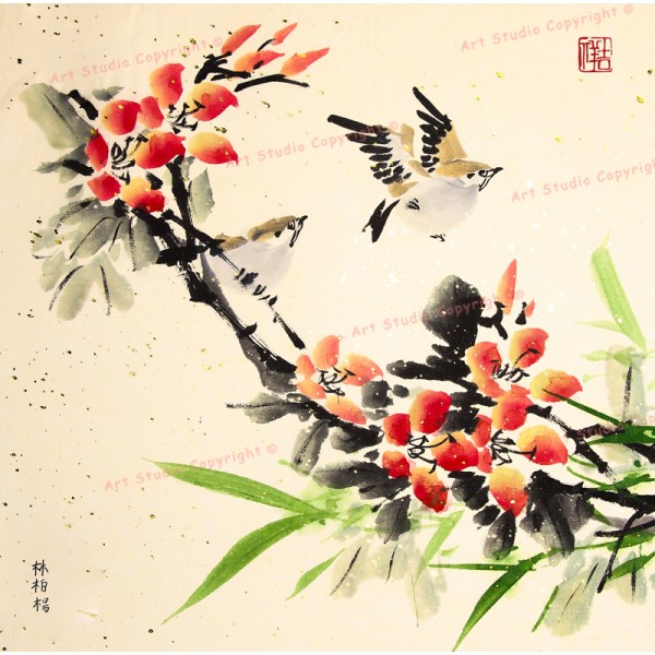 600x600 Birds Amp Flowers Chinese Watercolor Art With Gallery Wrap Style Framing - Oriental Watercolor Paintings