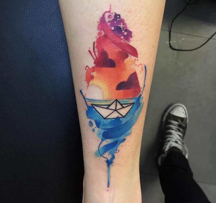 750x706 Watercolor Tattoos Beautifully Transform Bodies Into Living Art - Origami Watercolor Tattoo