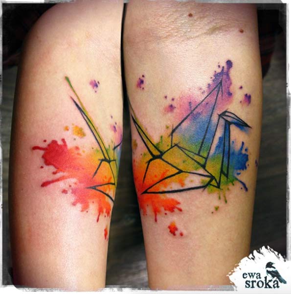 595x600 61 Beautiful Origami Inspired Tattoo Designs - Origami Watercolor Tattoo