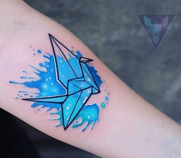 600x526 65 Origami Bird Tattoos - Origami Watercolor Tattoo