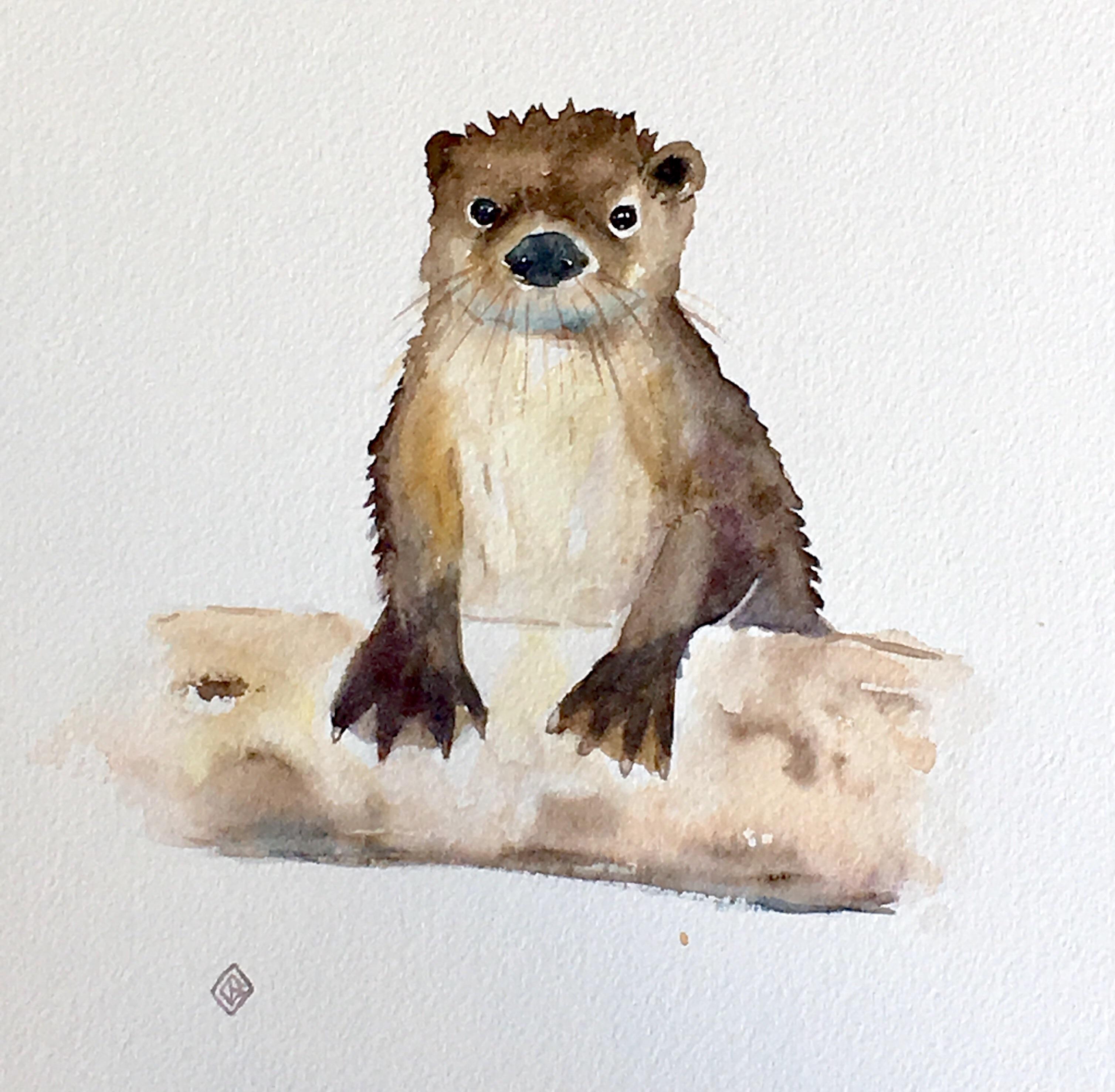 3016x2956 Wet River Otter, Watercolor, 8x8 Inches Art - Otter Watercolor