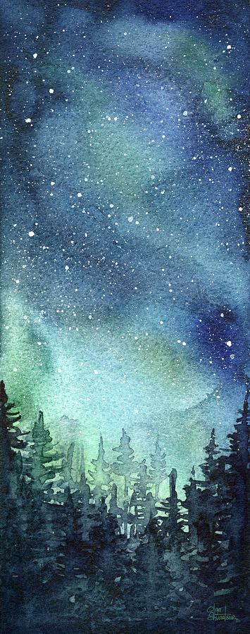 355x900 Galaxy Watercolor Aurora Painting Painting By Olga Shvartsur - Outer Space Watercolor