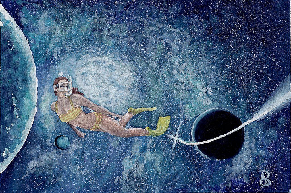 1024x678 Watercolor Female Scuba Diver In Outer Space By Aubrym - Outer Space Watercolor