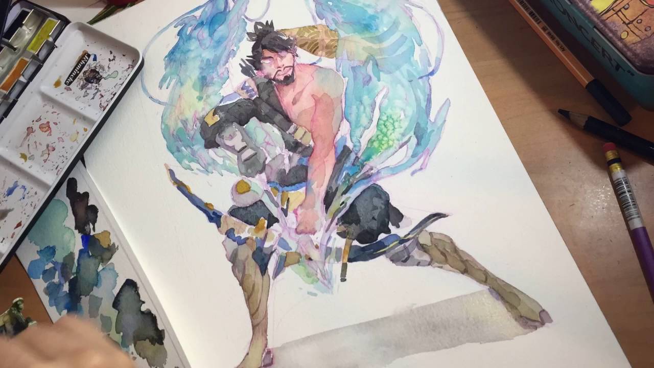 1280x720 Time Lapse Of Hanzo From Overwatch - Overwatch Watercolor