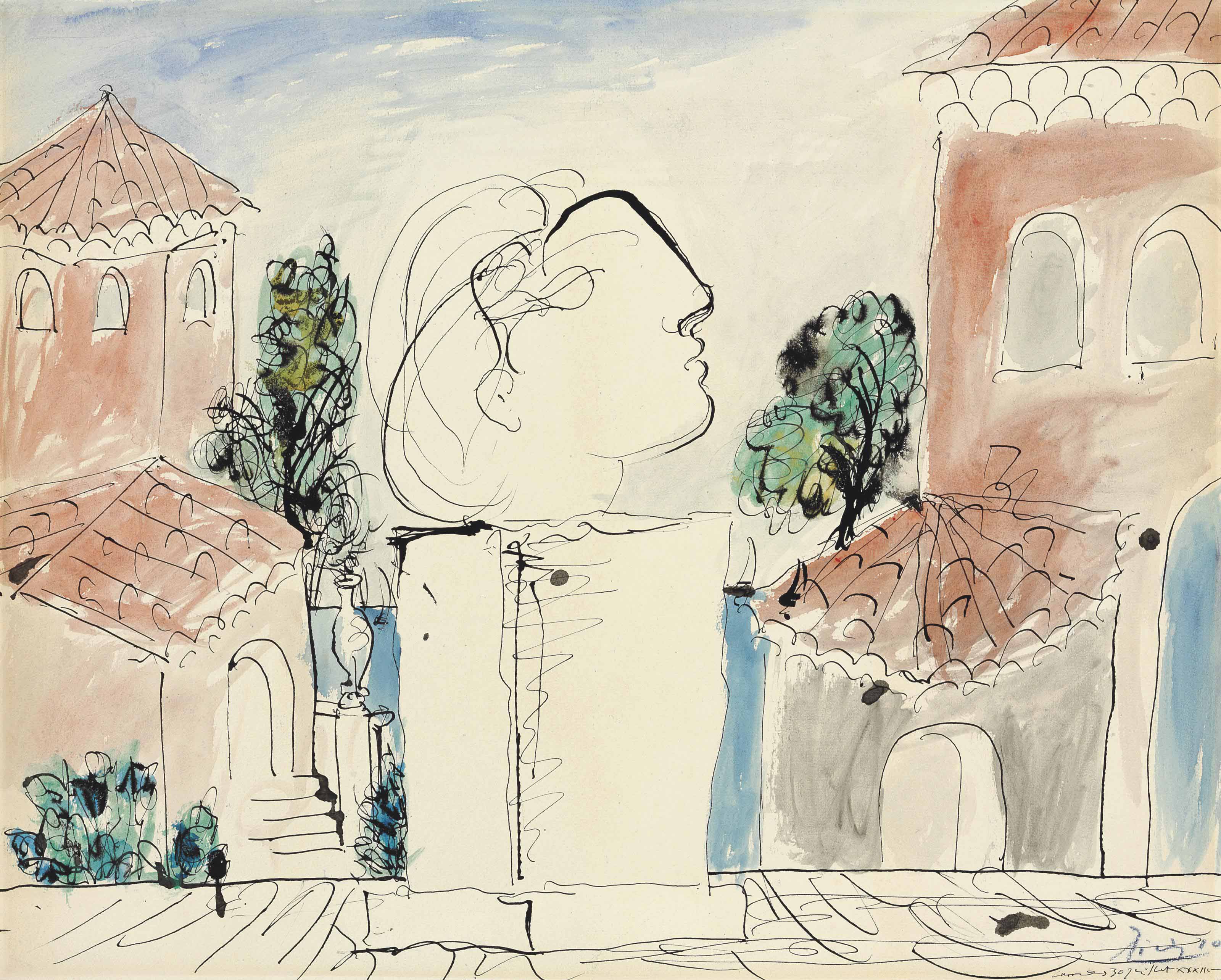 3200x2568 Pablo Picasso (1881 1973) Sur La Terrasse 20th Century - Pablo Picasso Watercolor