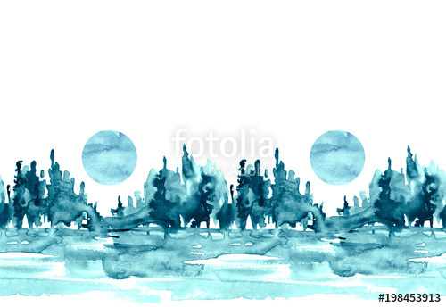 500x344 Seamless Watercolor Background, Border. Watercolor Forest, Blue - Painting Background Trees In Watercolor