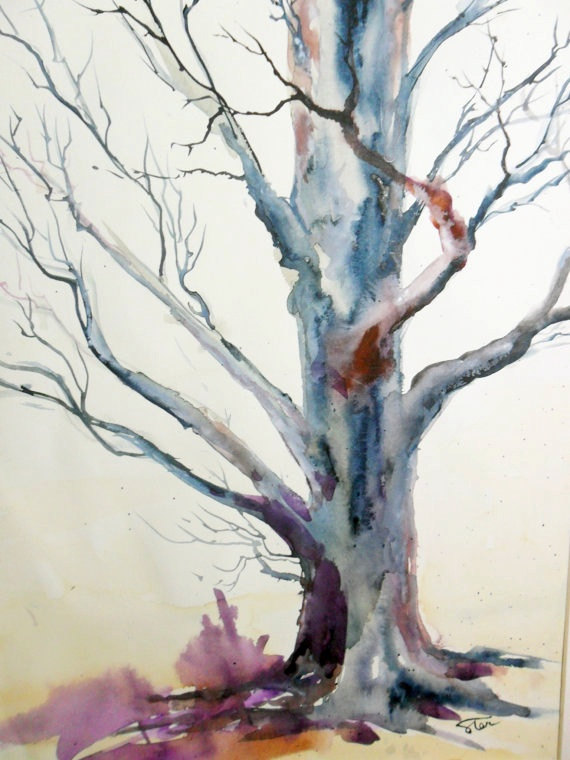 570x760 Bare Tree Original Watercolor On White Background - Painting Background Trees In Watercolor
