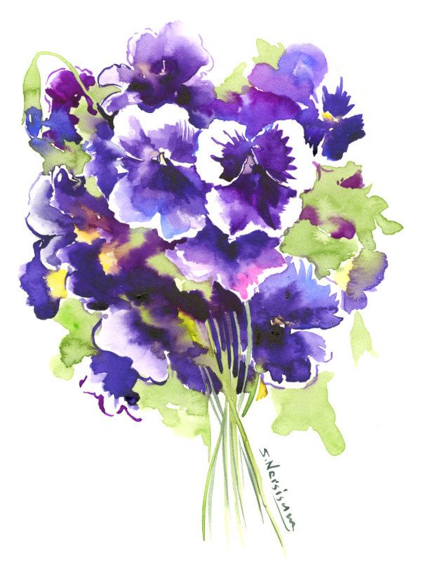 617x820 Pansies, Original Watercolor Painting, Blue, Purple Flowers - Painting Pansies In Watercolour