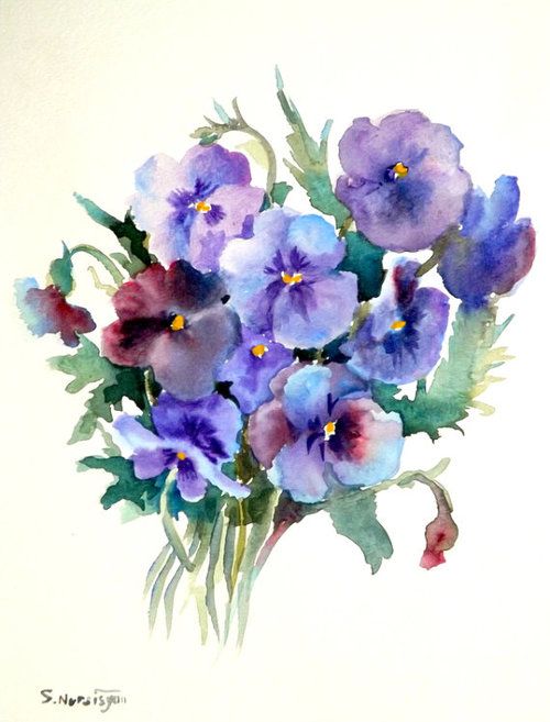 500x657 Pansies Beautiful, Clear, Pansies By Suren Nersisyan Art - Painting Pansies In Watercolour