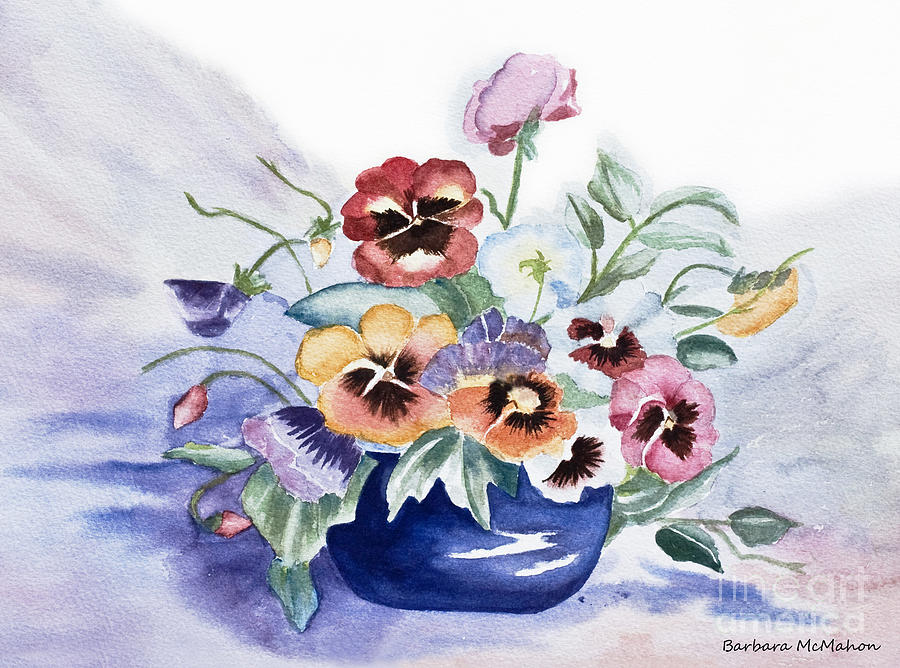 900x668 Pansies In Blue Pot Painting By Barbara Mcmahon - Painting Pansies In Watercolour