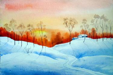375x248 Winter Sunset On Snow Land - Painting Snow In Watercolor