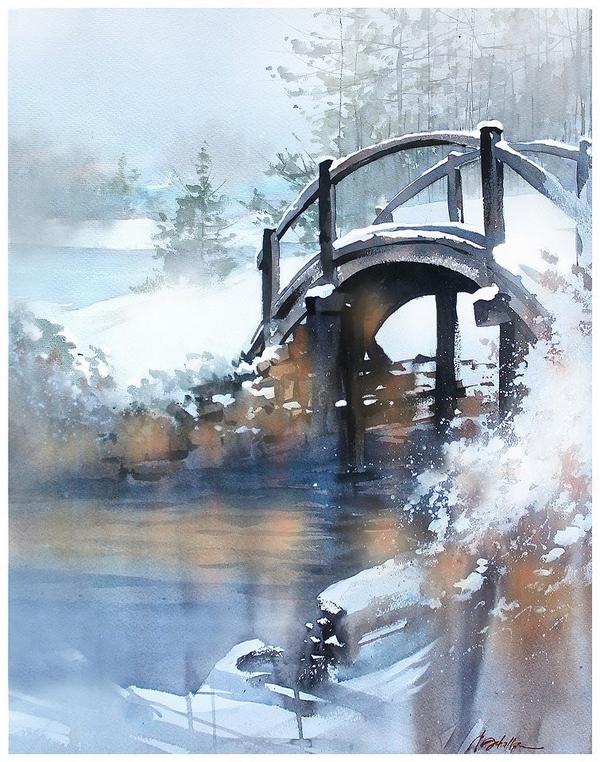 600x762 Thomas W Schaller On Twitter Winter Bridge - Painting Snow In Watercolor