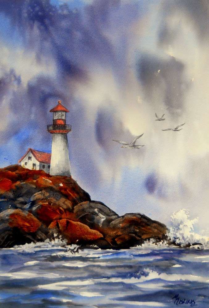 677x1000 Martha Kisling Art With Heart A Lighthouse, Seagulls And Stormy - Painting Stormy Skies Watercolor