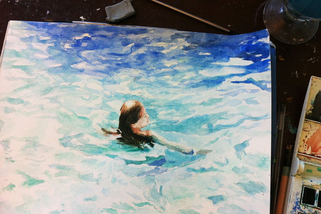 1080x720 Speed Painting Watercolor Swimming Girl - Painting Water In Watercolour