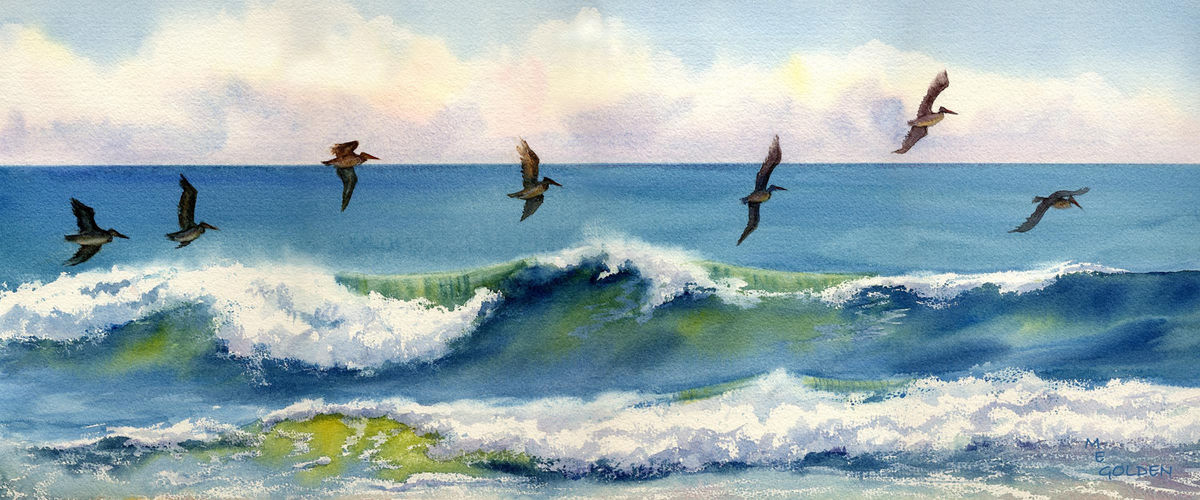1200x500 Riding The Crest Pelicans Just Above An Ocean Wave - Painting Waves In Watercolor