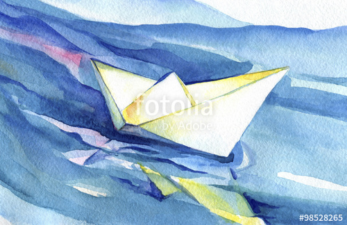 500x324 White Paper Ship Sails On The Waves. Watercolor Painting Of The - Painting Waves In Watercolor