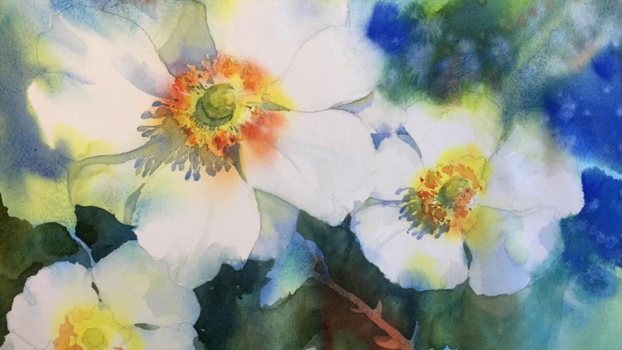 1280x720 Negative Painting With Watercolor White Blossoms - Painting White Flowers In Watercolor