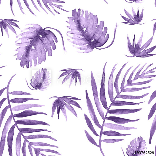 500x500 Seamless Watercolor Background From Purple Tropical Leaves, Palm - Palm Leaves Watercolor