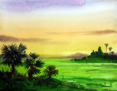 375x293 Sunset Village Amp Palm Trees - Palm Tree Watercolor Paintings