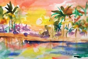 300x204 Tropical Sunset Marsh Palm Tree Watercolor Painting Delilah Art Ebay - Palm Tree Watercolor Paintings