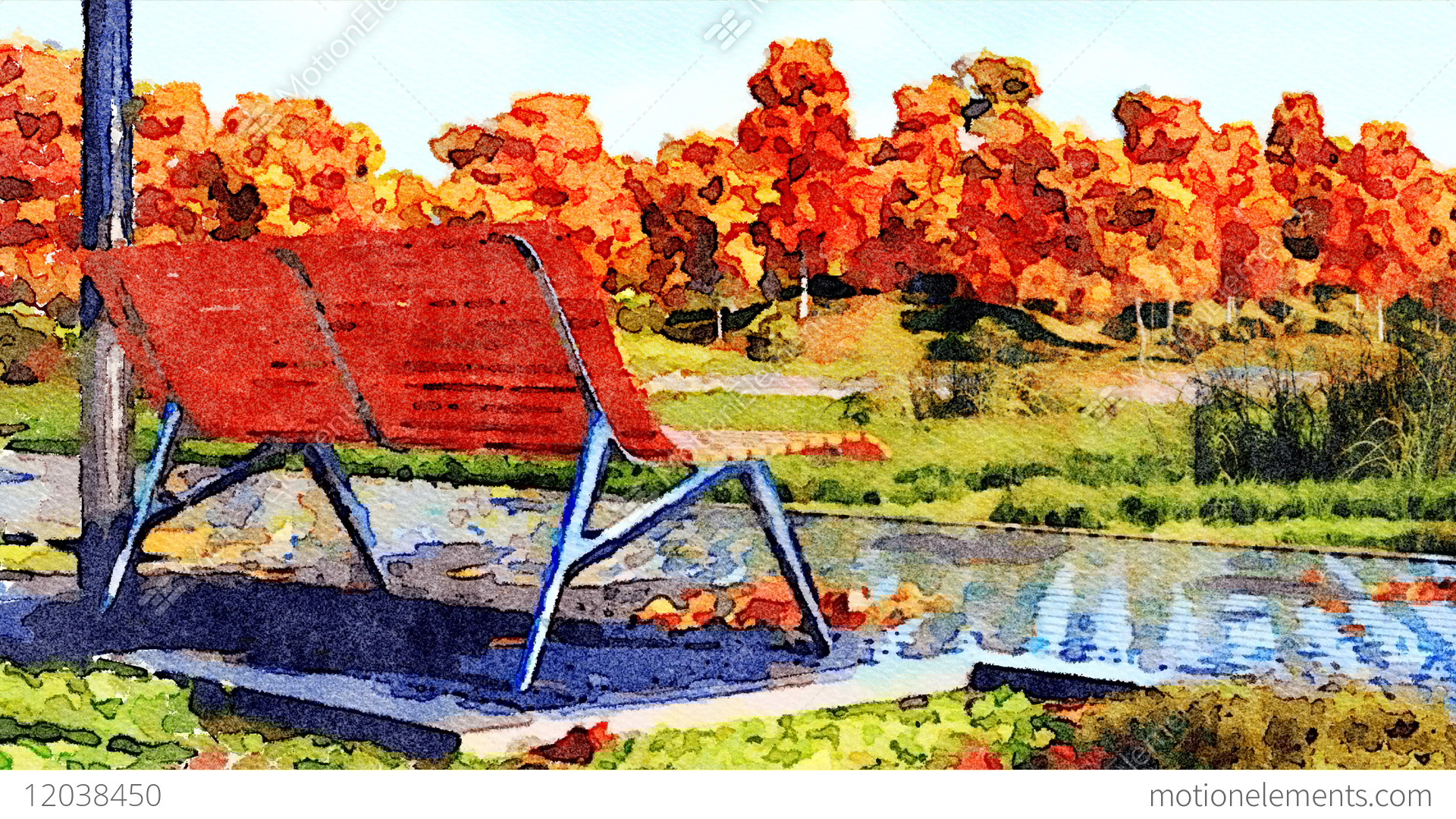 1920x1080 Empty Bench In Autumn Park Watercolor Landscape Stock Animation - Park Watercolor
