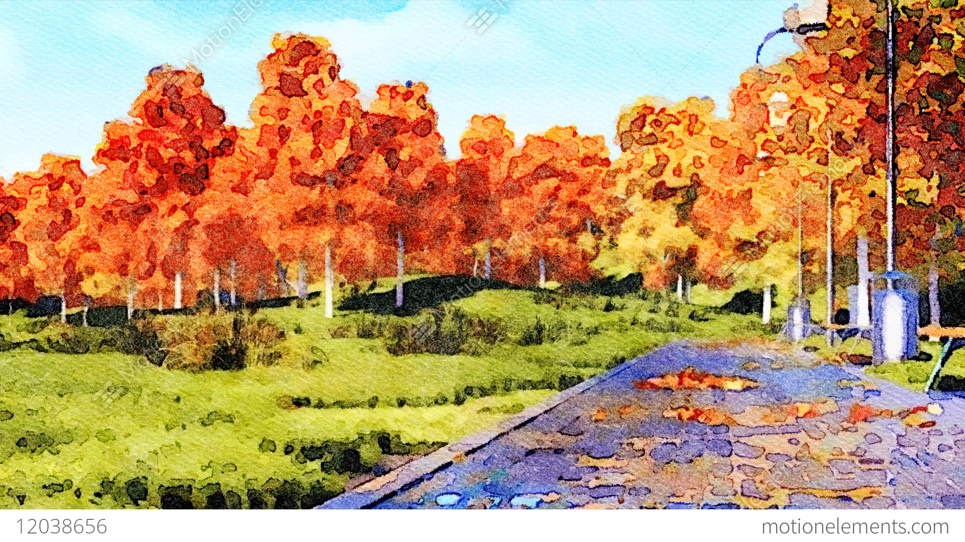1920x1080 Empty Walkway In Autumn Park Watercolor Landscape Stock Animation - Park Watercolor