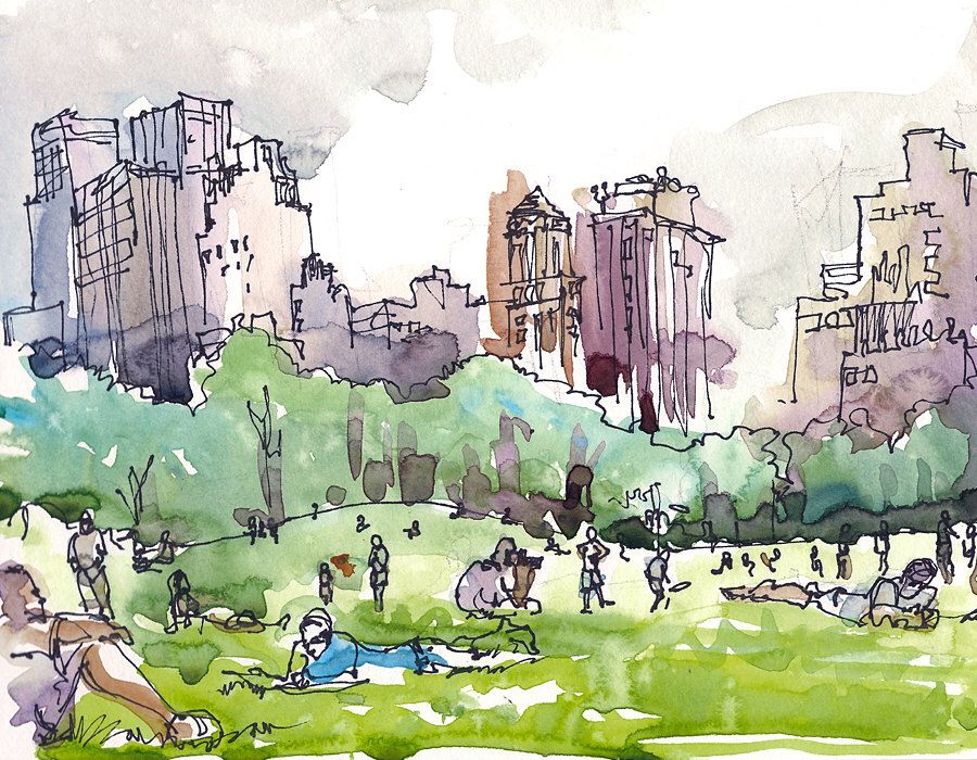 900x700 New York, Central Park Watercolor Sketch, Sheep Meadow A - Park Watercolor